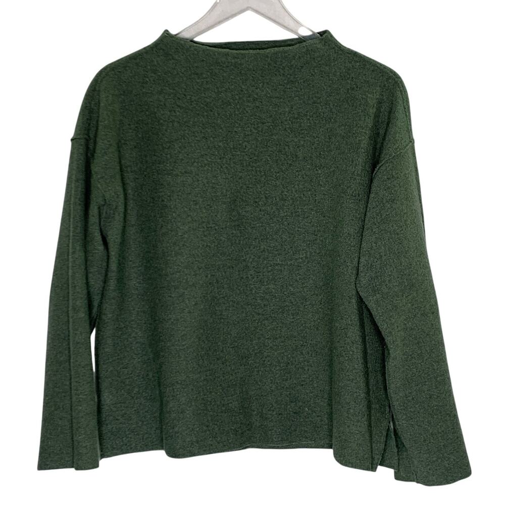 Eileen Fisher Bateau Neck Boiled Wool Sweater XS Cypress Green Oversized